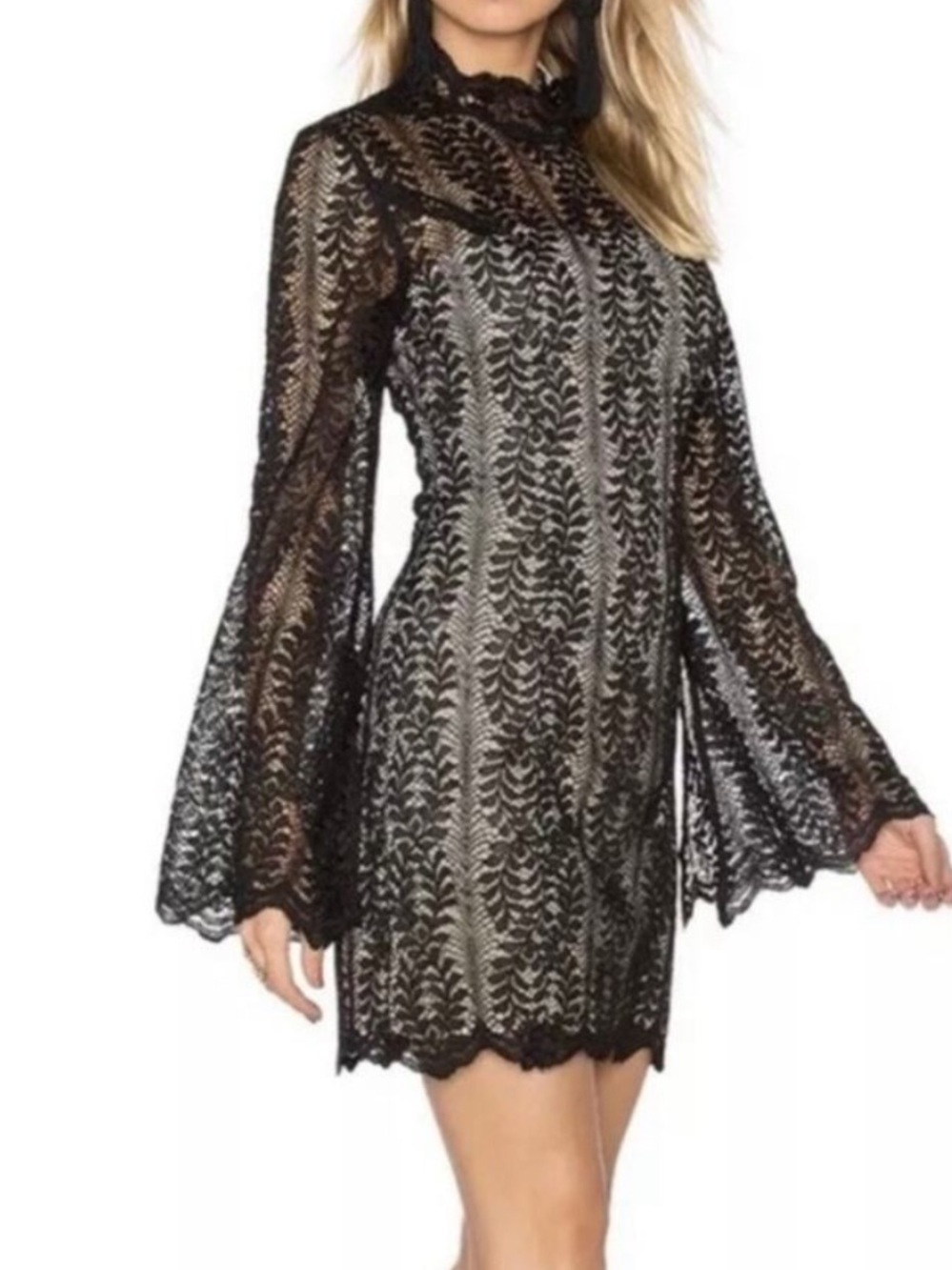 KEEPSAKE the Label Uptown Black Lace Bell Sleeve Mini Dress Medium